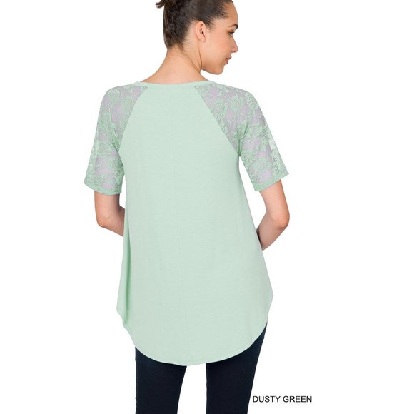 Short Sleeves Top - Dusty Green Color - Lace Sleeves - Round Hem - Picture 4 of 5